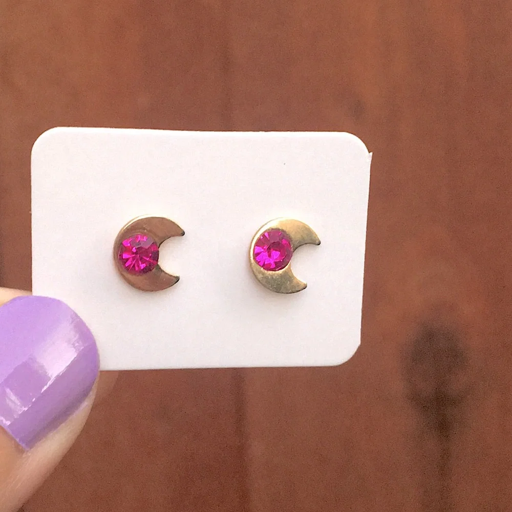 Fuchsia Pink + Gold Crystal Moon Boho Earrings